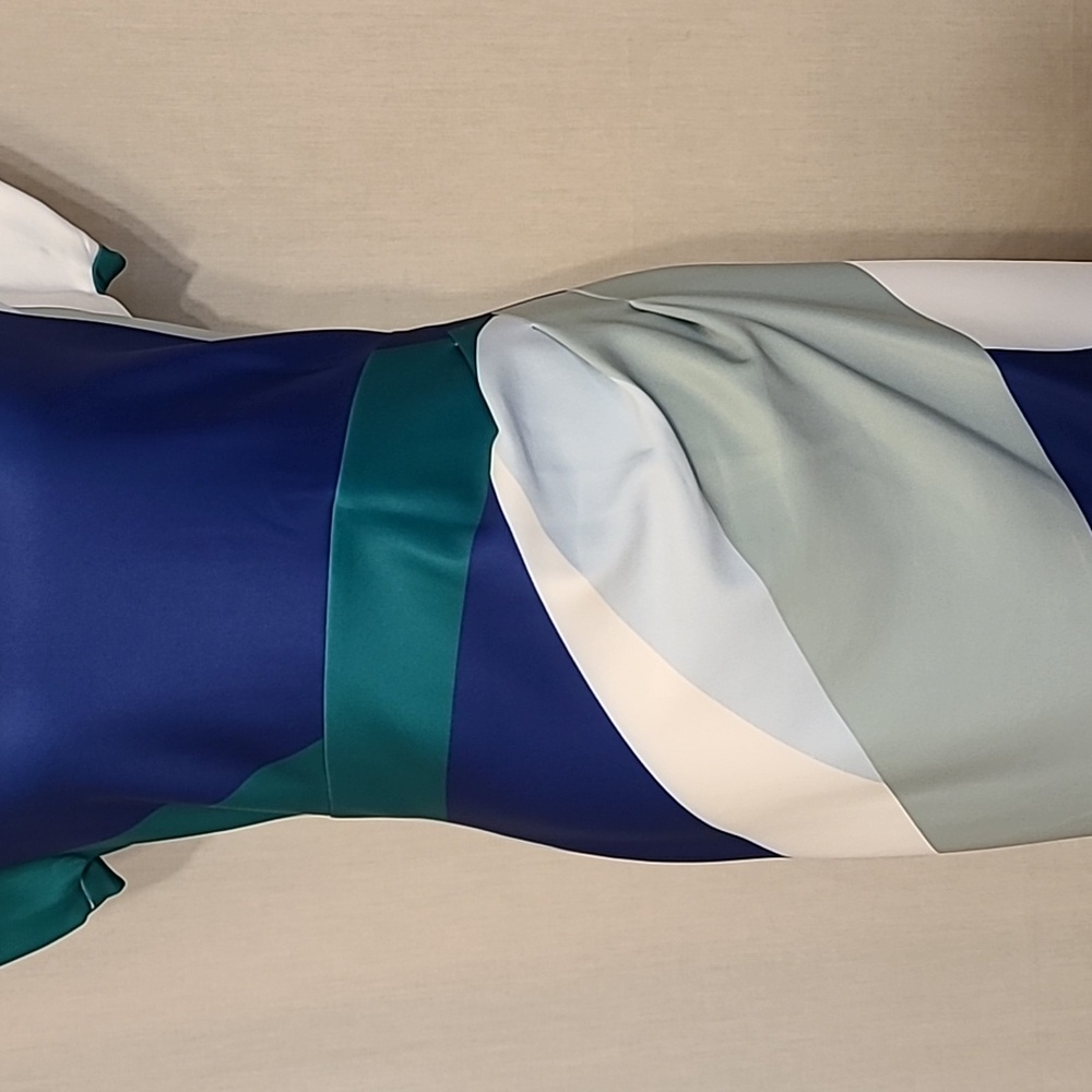 Donna Karan Blue Green Cream Abstract Print Short Sleeve Boat Neck Midi Dress - Picture 11 of 16